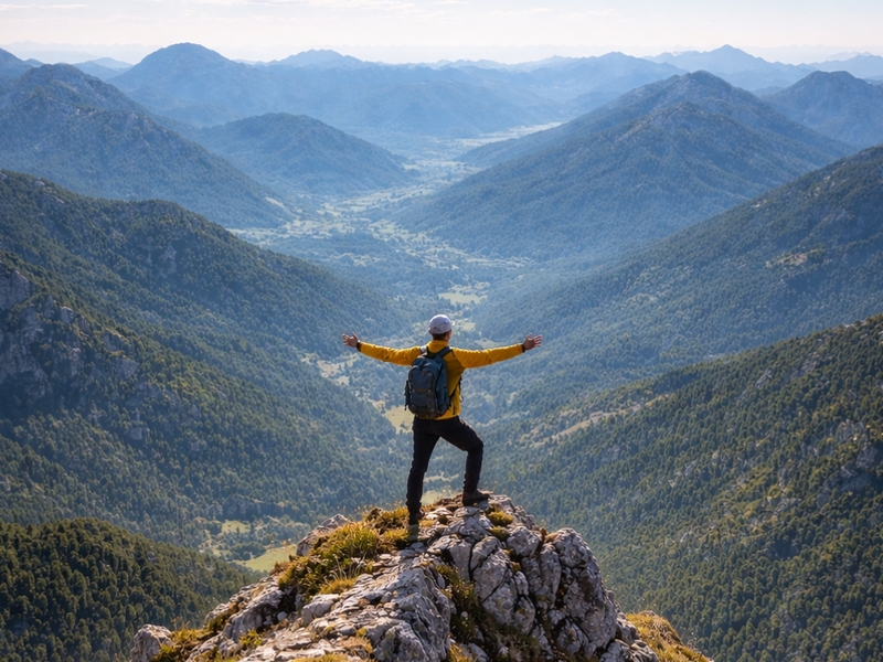 Wanderer auf dem Gipfel mit ausgebreiteten Armen
