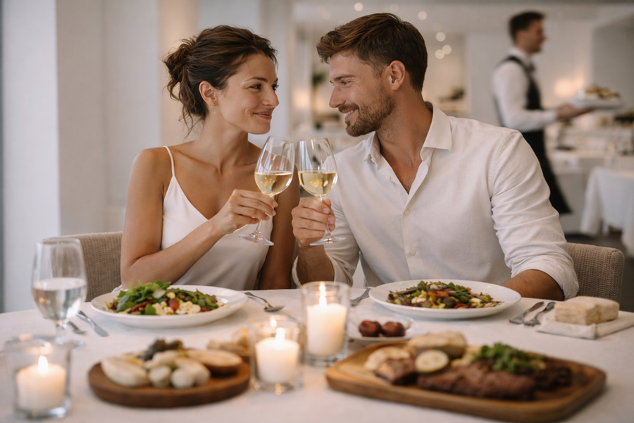 paar sitzt beim romantischen abendessen im hotelrestaurant