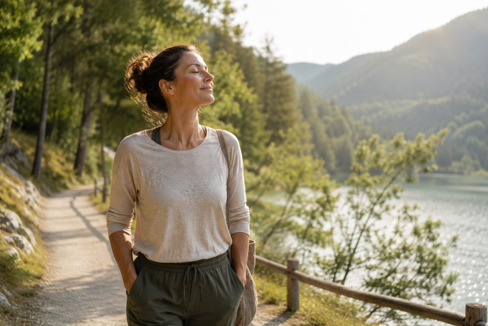Frau macht einen Spaziergang am See und atmet rief durch