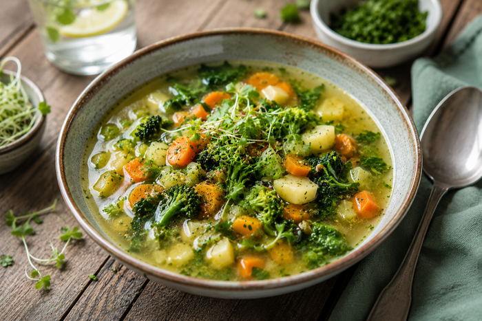 Suppe mit viel Gemüse und Zitronenwasser