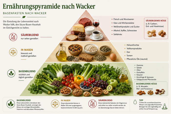 Gezeigt wird eine Ernährungspyramide und die Aufteilung in basische und saure Lebensmittel