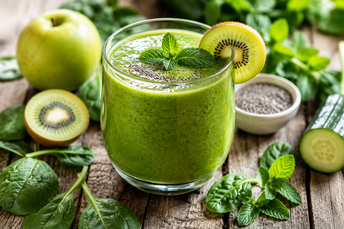 Grüner Smoothie mit Kiwi und Gurke sowie Kräutern