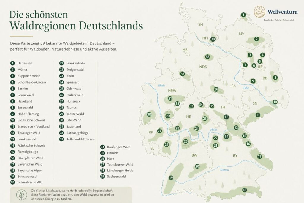 Übersichtskarte mit den größten Waldgebieten in Deutschland